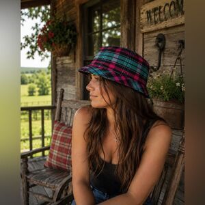 *CABIN COUTURE* Pink & Blue Designer Style Plaid Checked Derby Fedora Hat EUC